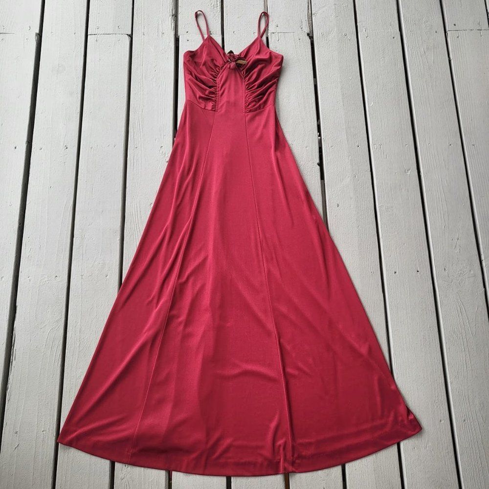 Vintage 70s Burgundy Red‎ Ruched Disco A-line Maxi Dress XS/S | Retro Glam Party